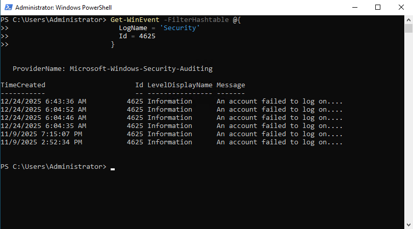 Failed authentication events 4625